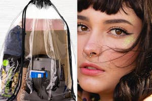 Two images side by side; left image shows a transparent shopping bag with assorted items, right image is a close-up of a woman with glitter makeup