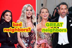 Two side-by-side photos labeled "bad neighbors?" and "GREAT neighbors" featuring two pairs of celebrities at events