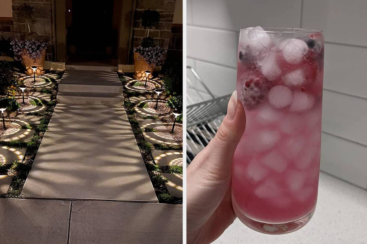 reviewer's walkway with solar light stakes lit up alongside and reviewer holding glass with nugget ice and pink juice