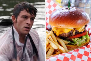On the left, Anthony Bridgerton in a body of water, and on the right, a cheeseburger and fries