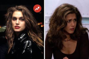 Two side-by-side images: Cindy Crawford in a black leather outfit, and Rachel from Friends with a surprised expression