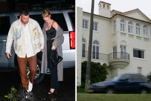 Split image: Left shows a man and a woman exiting a vehicle; right is an exterior shot of a multi-story building