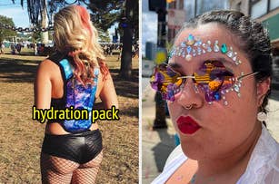 Person wearing colorful hydration backpack, person wearing colorful face jewels
