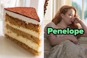 On the left, a slice of tiramisu, and on the right, Nicola Coughlan looking out of a window as Penelope on Bridgerton
