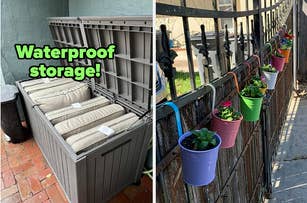 Two images: left shows a waterproof storage chest with cushions inside, right displays hanging flowerpots on a fence