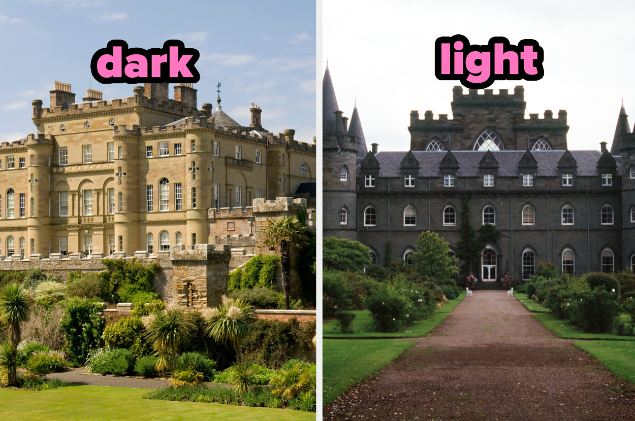 Side-by-side comparison of two castles with text overlay, "dark" on the left and "light" on the right, indicating contrast