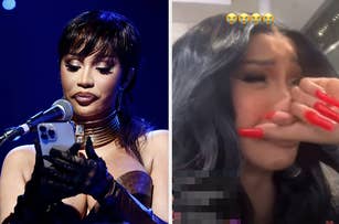 Cardi B with pin curls exiting a vehicle vs Cardi B cries on live