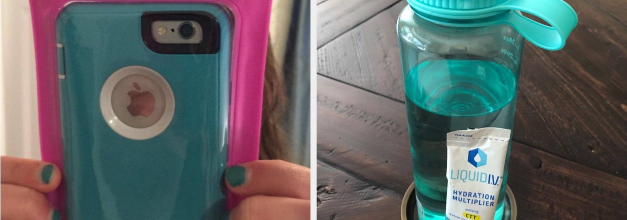 Person holding a smartphone in a dual-tone case next to a water bottle with an electrolyte supplement sachet