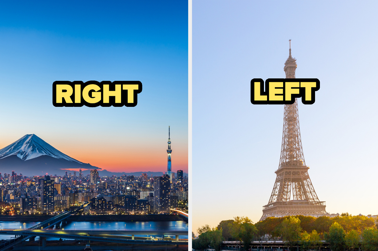 Split image: Tokyo skyline on left with "RIGHT" text, Eiffel Tower on right with "LEFT" text