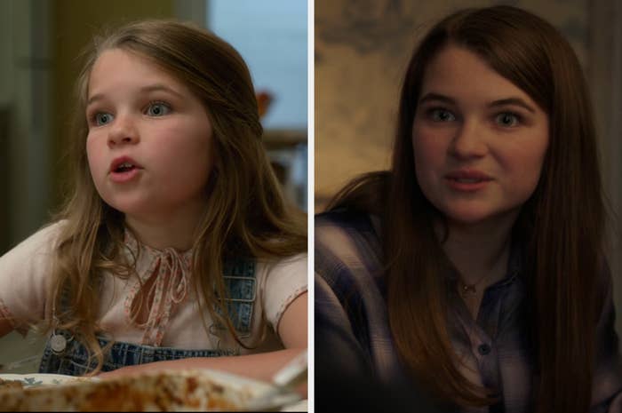 Side-by-side stills from a TV series showing Missy as a young girl and as a teenager