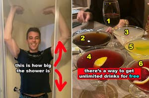 Person demonstrating the size of a small shower; cocktail glasses with tips for free drinks