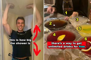 Person demonstrating the size of a small shower; cocktail glasses with tips for free drinks