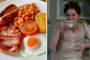 Two separate images: left shows a full English breakfast; right shows a woman in historical attire holding a teacup