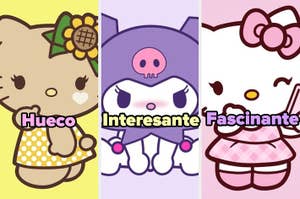 Tres personajes de estilo kawaii: Hello Kitty, Kuromi y My Melody, con expresiones variadas y texto "Hueco", "Interesante", "Fascinante"