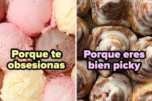 Imagen dividida en dos partes, cada una con un tipo de postre y un texto en español, la izquierda con helado, la derecha con rollos de canela