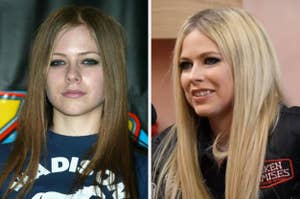 Split image of Avril Lavigne, left from early career, right with current hairstyle
