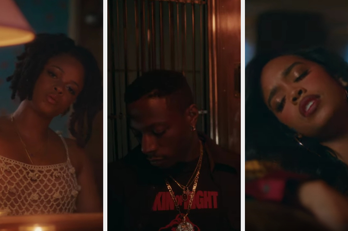 Three artists in a music video: a woman in a white top, a man with a necklace, and another woman resting her head