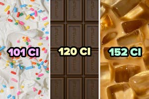 Tres tipos de helado con números calóricos: uno con chispas, otro chocolate y el último con caramelo