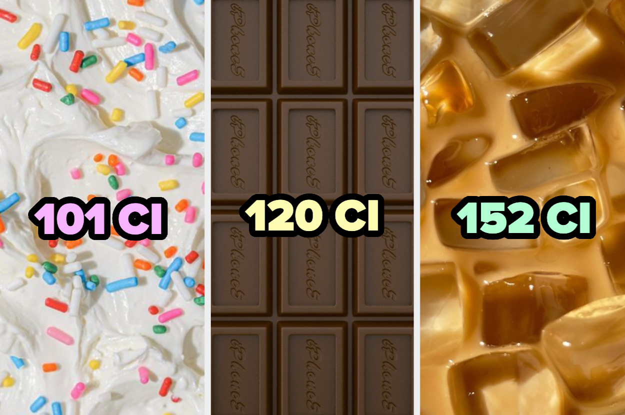 Tres tipos de helado con números calóricos: uno con chispas, otro chocolate y el último con caramelo