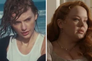 Taylor Swift is on the left with wet hair by the sea and Penelope with jewelry, in a period costume