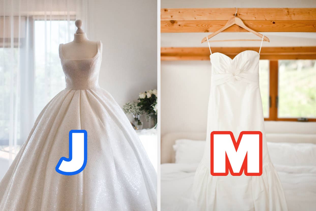 Two wedding dresses on display, one with a letter 'J' and the other with 'M', indicating initials