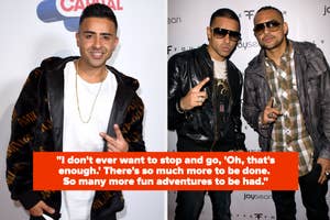 Jay Sean poses solo, flashing peace sign, then with unidentified friend both making peace signs, at an event