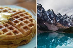 Waffle with butter on left, Moraine Lake and Valley of the Ten Peaks on right