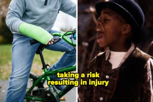 A boy with a broken arm in a neon green cast sitting on a bike, Kevin Jamal Woods screaming while wearing a hat, text: "taking a risk resulting in injury"