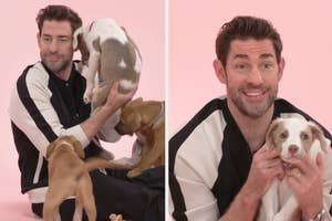 Man in casual attire interacts with puppies against a pink backdrop