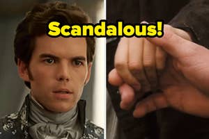 A split-screen image with Colin Bridgerton in historical clothing on the left, and a close-up of two hands touching on the right, captioned "Scandalous!"