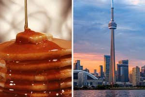 Syrup pouring onto a stack of pancakes; Toronto skyline with CN Tower during sunset