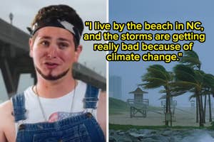 Composite image: left, concerned woman clutching her head; right, beach storm with quote about worsening NC storms due to climate change