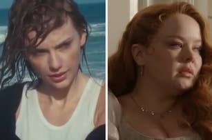 Taylor Swift is on the left with wet hair by the sea and Penelope with jewelry, in a period costume