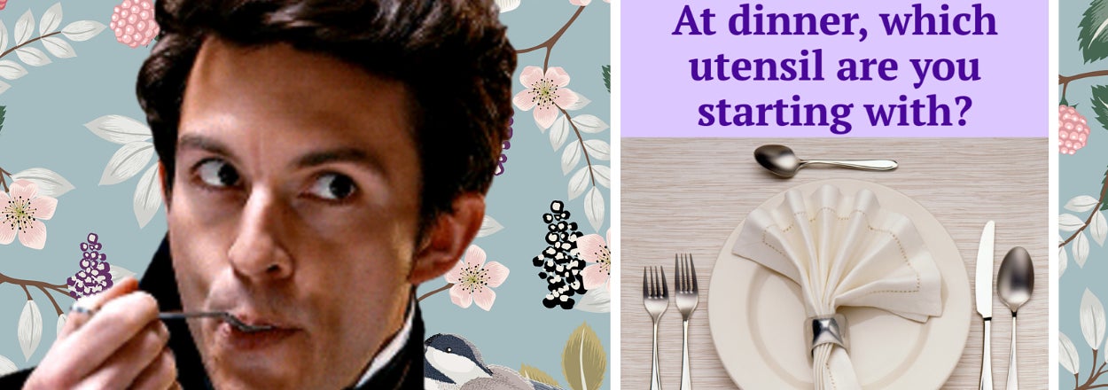 Anthony in a suit eating, beside text "At dinner, which utensil are you starting with?" with an image of a place setting