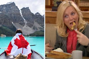 Person in canoe with Canadian flag draped over shoulders looking at mountains; character Leslie Knope eating waffle