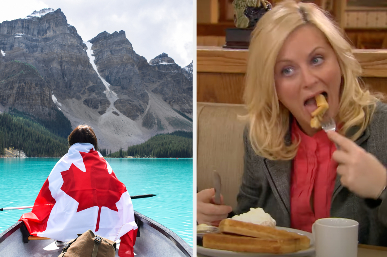 Person in canoe with Canadian flag draped over shoulders looking at mountains; character Leslie Knope eating waffle
