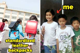 Two side-by-side photos; left shows schoolchildren with uniform backpacks, right is a childhood photo of a person marked 'me'