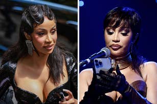 Cardi B with pin curls exiting a vehicle vs Cardi B reads from her phone at a podium
