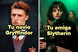 Imagen dividida de dos personajes animados estilizados como estudiantes de Gryffindor y Slytherin con texto "Tu novio Gryffindor" y "Tu amiga Slytherin"