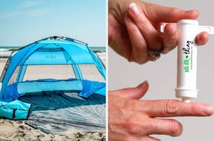 Left: Portable beach tent on sand. Right: Person applying stick sunscreen on hand