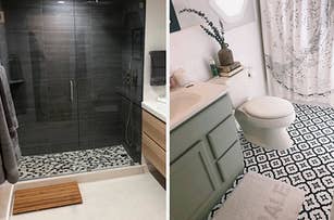 L: bamboo bath mat R: tile stickers with a black and white geometric pattern on them