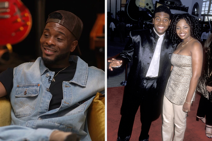 Two images: Left shows a man in a denim vest smiling. Right is a man in a shiny suit with a woman in a patterned dress, both smiling