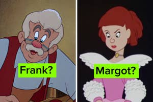 Split image with Geppetto from Pinocchio on the left and Anastasia from Cinderella on the right, with text labels "Frank?" and "Margot?" respectively