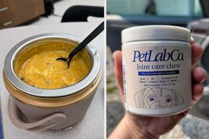 Image 1: A portable crock-pot of soup with a spoon; Image 2: Hand holding PetLab joint care chew container