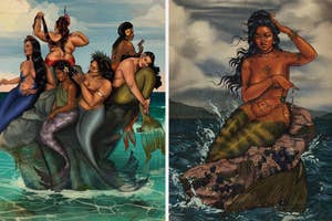A group of diverse merpeople on the left and a single merperson posing on a rock on the right, in an illustrated style