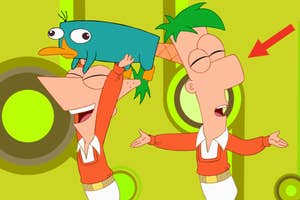 Phineas lifting Ferb with Perry the Platypus on his head; all are animated characters from a TV show
