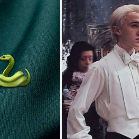 On the left, an illustration of a green snake toy; on the right, Draco Malfoy from Harry Potter in a scene