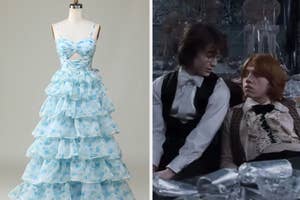 Mannequin with ruffled blue dress; scene with characters Harry Potter and Ron Weasley