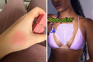 reviewer with blush swatch on the back of their hand and model with boob polish on boobs