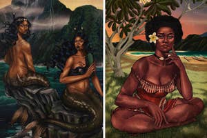 Artwork featuring a mermaid and a woman seated outdoors with cultural attire